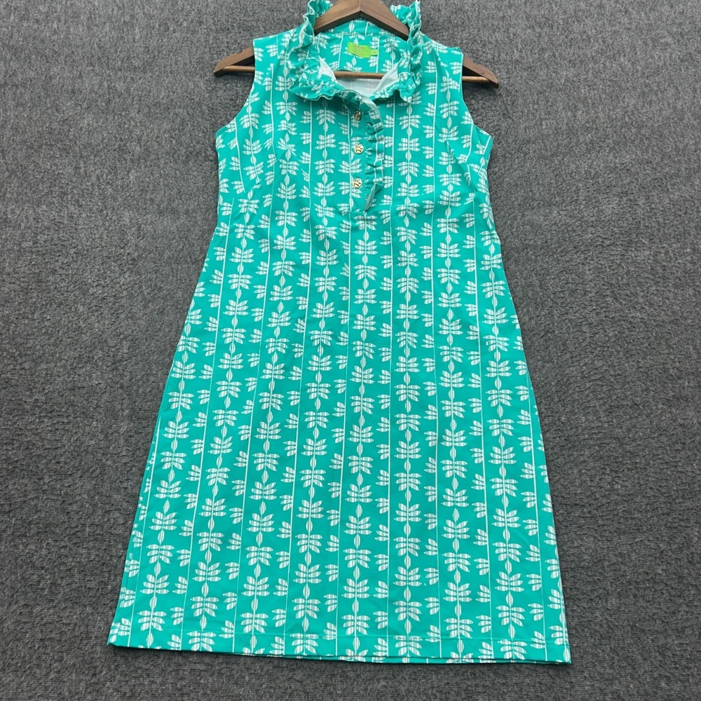 Katherine Way Dress Medium Teal Campeche Tropical Print Ruffled Neck Golf M